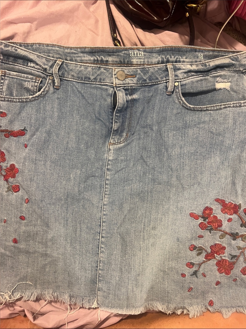 a.n.a Light Blue Denim Skirt with Red Floral Embroidery